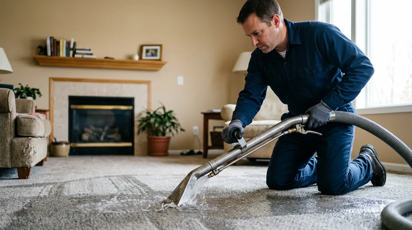 Water damage restoration technician working in a home in West Virginia